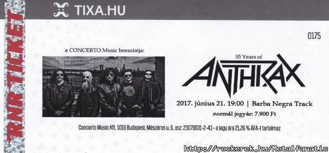 ANTHRAX jegy - 2017 06.21.
