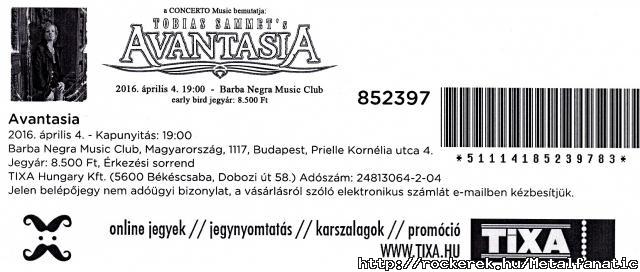 AVANTASIA jegy - Bp. 2016